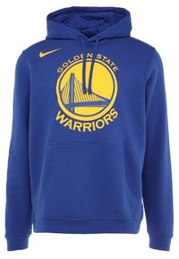 Sudadera azul hecha de una mezcla de algodón, con un bolsillo canguro y capucha ajustable con cordón. Gráfico de un puente dorado y logo en amarillo.