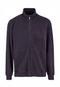 Lila Zip-Jacke mit hohem Kragen, langen Ärmeln sowie gerippten Bündchen und Saum. Besitzt zwei vordere Taschen und eine glatte Stofftextur.