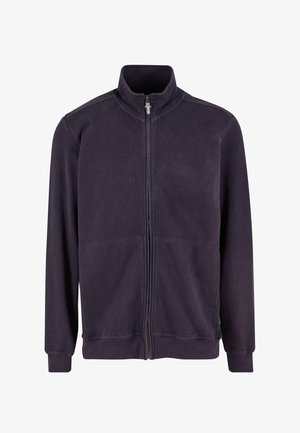 Paarse zip-up jack met een hoge kraag, lange mouwen en ribgebreide manchetten en zoom. Beschikt over twee voorzakken en een gladde stofstructuur.