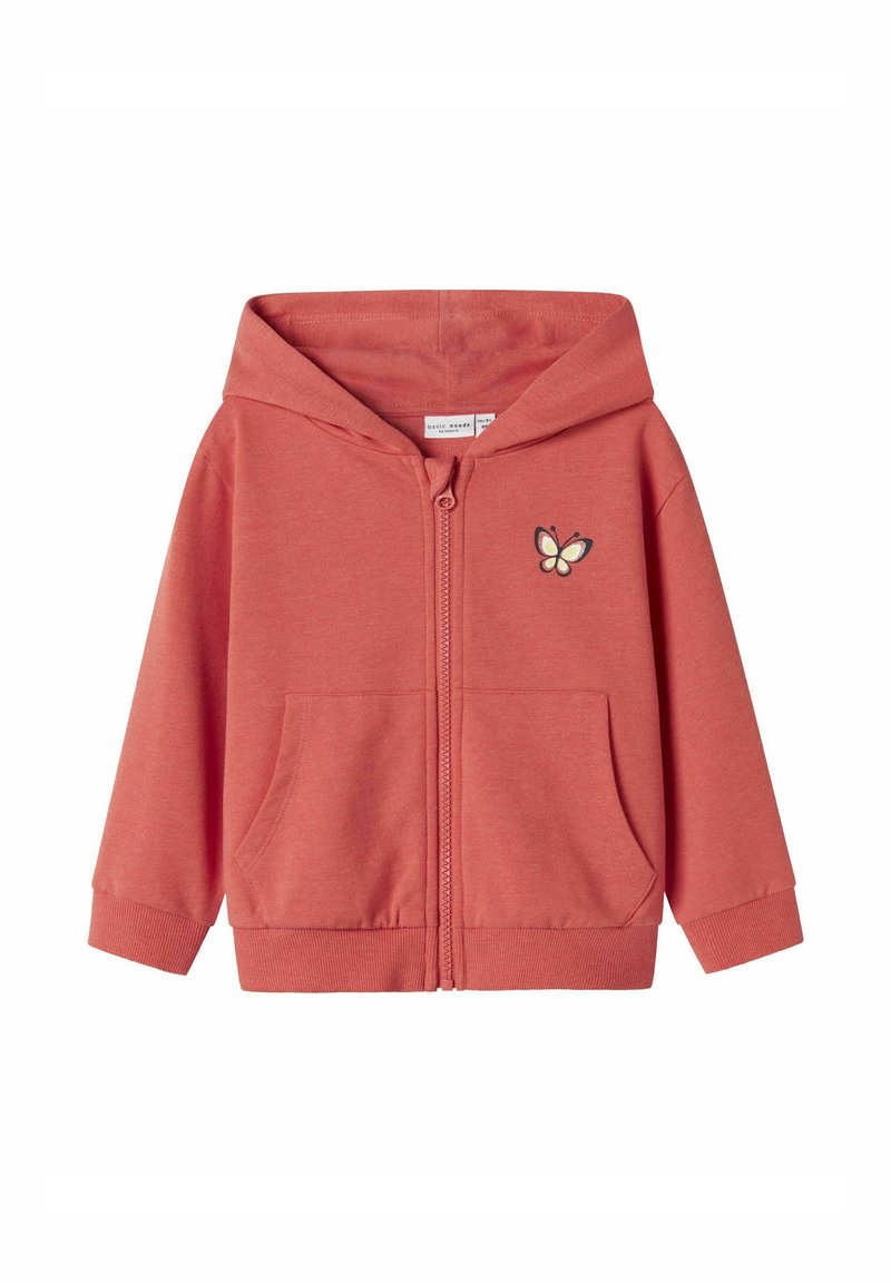 Felpa con zip di colore corallo in morbido tessuto, presenta una tasca frontale e un design di farfalla sul petto. Include un cappuccio con lacci.