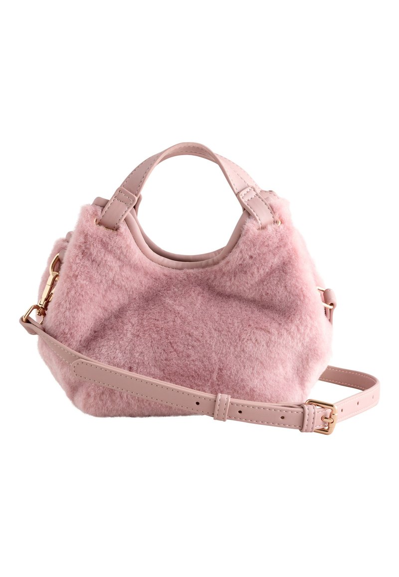 Roosa kunstkarusnahast käekott taimse nahaga detailidega, ümarate pealsete käepidemetega ja eemaldatava rihmaga. Omab kuldse tooniga riistvarast pandlat.