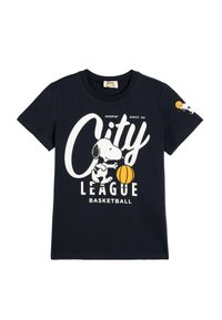Granatowy bawełniany t-shirt z graficznym nadrukiem przedstawiającym kreskówkowego psa grającego w koszykówkę, z napisem "City League Basketball" w białym kolorze.