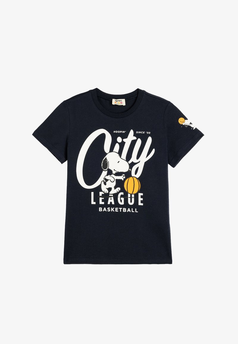 T-shirt en coton bleu marine avec un imprimé graphique d'un chien de dessin animé jouant au basket-ball, avec le texte "City League Basketball" en blanc.