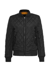 Veste bomber matelassée noire avec fermeture éclair devant, col, poignets et bas côtelés, poches latérales à boutons, doublure intérieure orange visible au col.