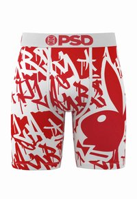 Bóxers de color rojo y blanco con un patrón estilo graffiti que incluye el logo de Playboy. Fabricados con tela elástica y una cintura ancha.