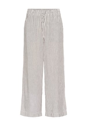 Striped wide-leg pants in light gray and white. Features an elastic waistband with a drawstring and a soft, lightweight fabric.