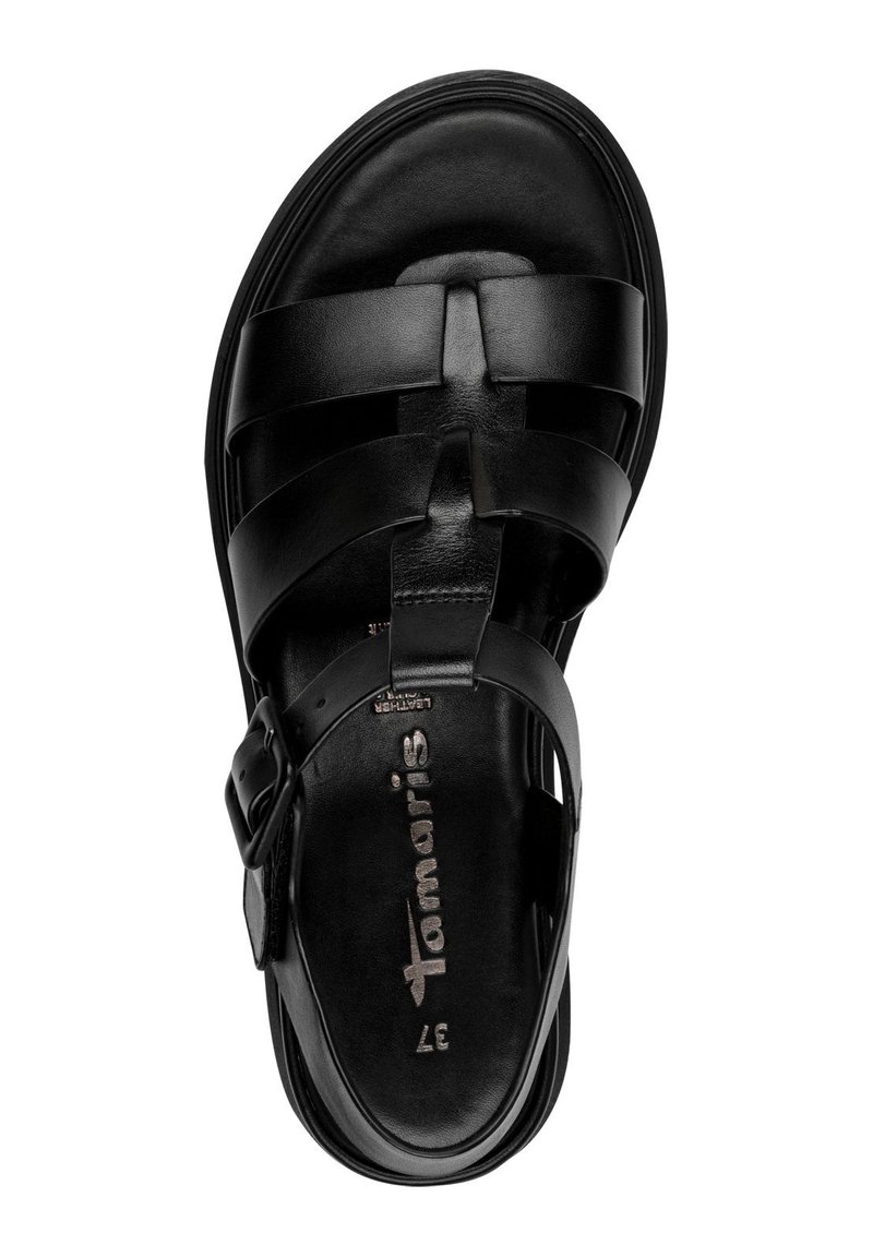 Schwarze Ledersandale mit mehreren Riemen, verstellbarem Schnallenverschluss und einer strukturierten Fußbett. Verfügt über eine runde Zehenpartie und eine flache Sohle. Größe 37.