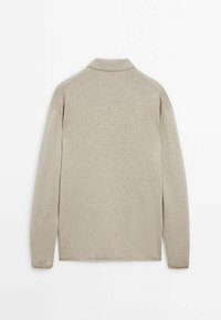 Lichtbeige gebreide trui met een geribde kraag, lange mouwen en een zachte textuur. Eenvoudig ontwerp zonder patronen of versieringen.