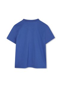 Korte mouwen blauwe katoenen t-shirt met een ronde hals, een gladde textuur en een nette zoom. Geen zichtbare prints of versieringen.