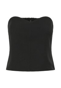 Sort strapless top lavet af strækstof. Har en tætsiddende krop og samlet ryg med en glat tekstur. Ingen yderligere udsmykninger.