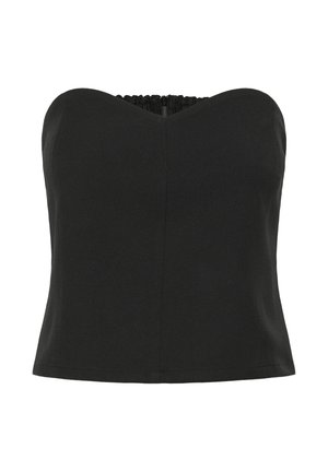 Schwarzes trägerloses Top mit tailliertem Oberteil, weichem Stoff und gerafftem Rücken für eine verstellbare Passform. Der Saum endet direkt über der Taille.