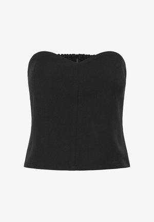 Schwarzes trägerloses Top mit tailliertem Oberteil, weichem Stoff und gerafftem Rücken für eine verstellbare Passform. Der Saum endet direkt über der Taille.
