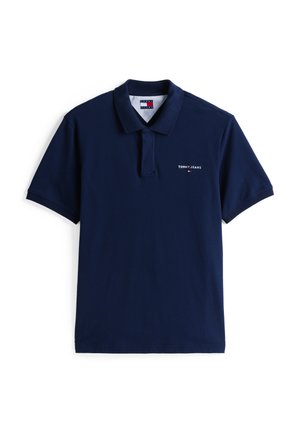 Tamsiai mėlynas polo marškinėliai, pagaminti iš medvilnės, su apykakle, trumpomis rankovėmis ir siuvinėtu "TOMMY JEANS" logotipu ant kairiojo krūtinės.