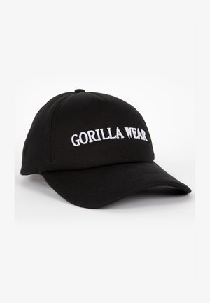 Black baseball cap made of cotton, featuring embroidered white text "GORILLA WEAR" on the front, structured crown, and curved brim.