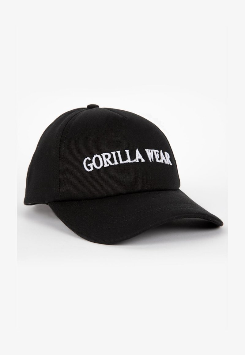 Black baseball cap made of cotton, featuring embroidered white text "GORILLA WEAR" on the front, structured crown, and curved brim.