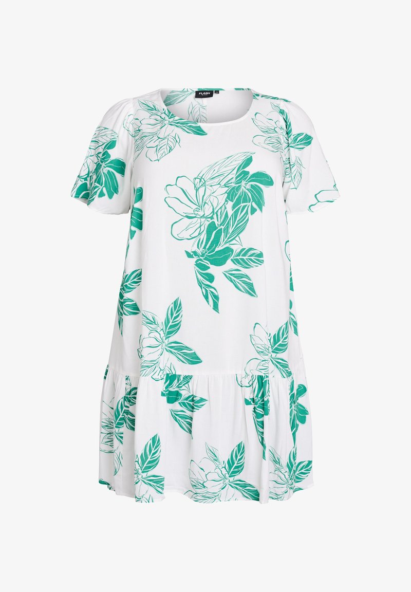 Abito bianco con motivo floreale verde, maniche corte e vestibilità morbida. Presenta un orlo a più strati e un collo rotondo. Tessuto leggero.