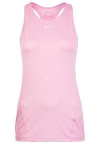 Top atletico rosa Dri-FIT con design a schiena scoperta, tessuto testurizzato e un piccolo logo Nike bianco sul petto.