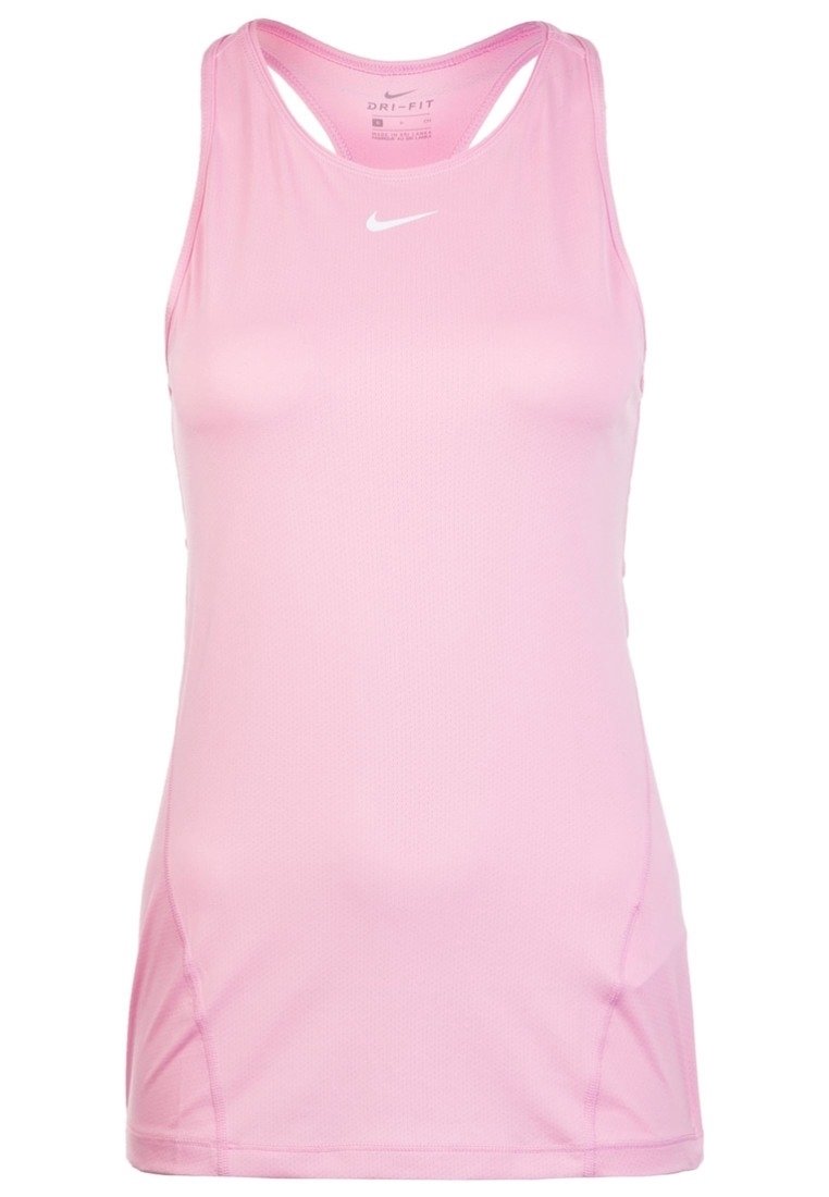 Top atletico rosa Dri-FIT con design a schiena scoperta, tessuto testurizzato e un piccolo logo Nike bianco sul petto.