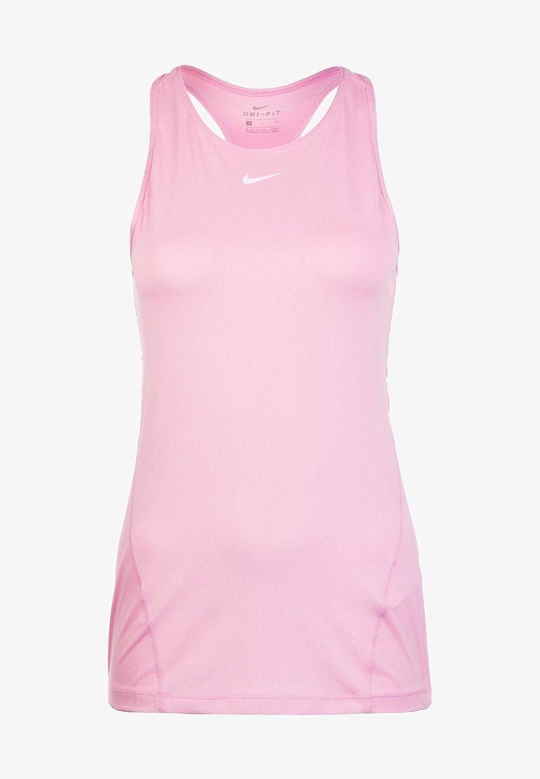Top atletico rosa Dri-FIT con design a schiena scoperta, tessuto testurizzato e un piccolo logo Nike bianco sul petto.