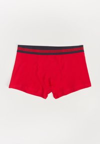 Czerwone bawełniane slipy z czarnym elastycznym pasem, z szarym nadrukowanym logo. Gładka tekstura, dopasowany krój i krótka długość nogawki.