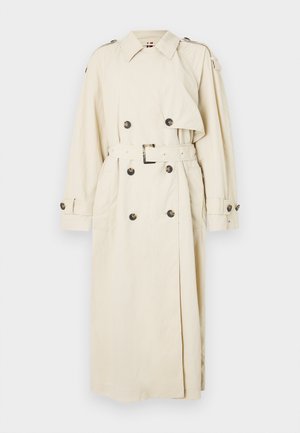Beige trench coat made of lightweight fabric, featuring double-breasted buttons, a belted waist, and shoulder epaulettes.