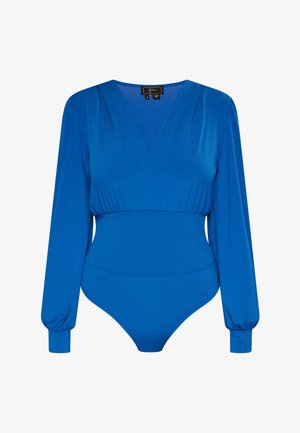 Niebieski bodysuit z długimi, bufiastymi rękawami, głębokim dekoltem w kształcie litery V oraz dopasowanym w talii. Wykonany z gładkiego materiału o matowym wykończeniu.