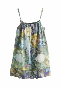 Rochie cu imprimeu floral, cu bretele ajustabile, decolteu plisat și margine tăiată în valuri. Prezintă nuanțe de verde, albastru, galben și mov.