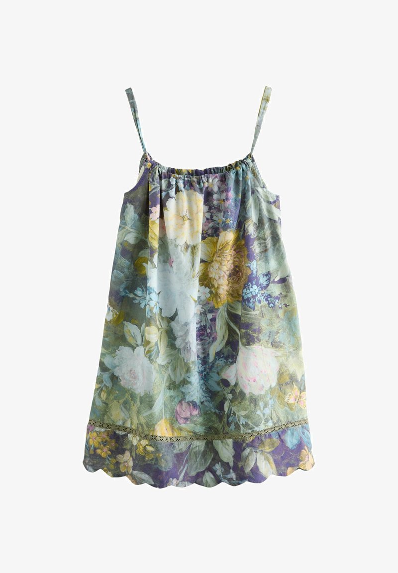 Virágmintás ruha állítható pántokkal, gyűrt nyakkivágással és fodros szegéllyel. Zöld, kék, sárga és lila árnyalatokat tartalmaz.