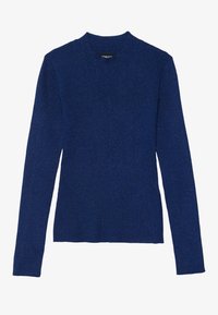 Blau gerippter Pullover mit Rundhalsausschnitt und langen Ärmeln, der einen subtilen Glanz im Stoff und eine taillierte Silhouette aufweist.