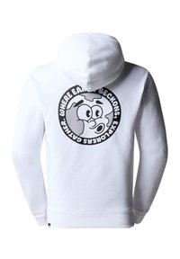 Felpa bianca con cappuccio caratterizzata da una grafica nera rotonda sul retro con un viso da cartoon e testo. Tessuto morbido con cappuccio regolabile. Polsini e orlo a coste.