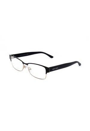 Occhiali rettangolari semi-rimless neri e argento con aste nere testurizzate e marchiate e naselli trasparenti su sfondo bianco.