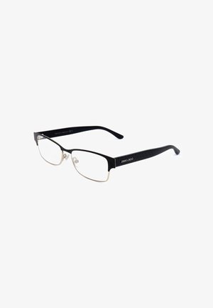 Occhiali rettangolari semi-rimless neri e argento con aste nere testurizzate e marchiate e naselli trasparenti su sfondo bianco.