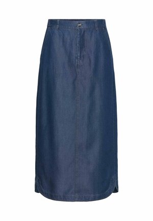 Jupe midi en denim avec fermeture boutonnée sur le devant, passants pour ceinture et ourlets latéraux incurvés en tissu bleu foncé.