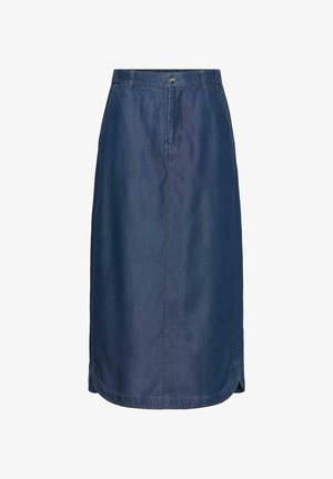 Jupe midi en denim avec fermeture boutonnée sur le devant, passants pour ceinture et ourlets latéraux incurvés en tissu bleu foncé.