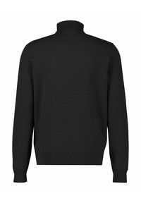 Schwarzer Strickpullover mit hohem Kragen, langen Ärmeln und gerippten Säumen. Glatte Textur mit einem klassischen, minimalistischen Design.