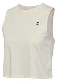 Haut court sans manches écru avec un col rond et un petit logo double chevron noir sur le côté gauche de la poitrine.