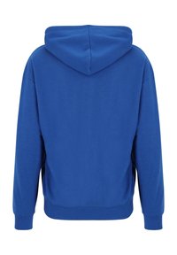 Sudadera con capucha azul de algodón suave, con un corte relajado, puños acanalados y un diseño liso, vista desde la parte posterior.