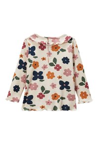 Haut à manches longues côtelé avec un col à volants, présentant un motif floral coloré en marine, orange, rose et vert sur un fond crème.