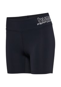 Zwarte atletiekshorts met hoge taille met het "hummel PERFORMANCE"-logo in het wit gedrukt op de bovenste rechterkant van de tailleband.