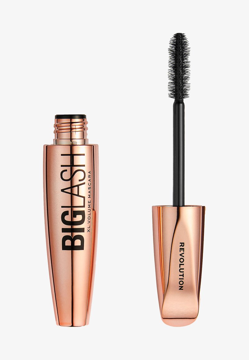 Rozen gouden mascara tube met zwarte tekst, taps toelopend ontwerp; inclusief een zwarte borstel. Tube heeft een gladde metallic afwerking.