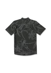 Camisa de manga corta en algodón gris oscuro con patrón floral blanco, con cuello y un corte relajado.