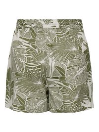 Shorts à motif feuilles tropicales vertes et blanches, taille élastique et coupe ample et décontractée.