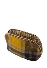 Trousse de maquillage à motifs carreaux jaunes et bruns avec une fermeture éclair en or. L'intérieur doublé présente un motif floral. Tissu en laine douce avec une forme structurée.