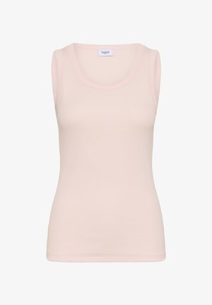 Světle růžový top bez rukávů vyrobený z ribbed látky. Má kulatý výstřih a těsný střih, s jemnou texturou.