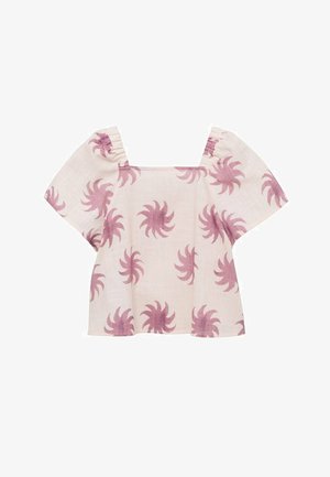 Blusa in crema leggera con maniche corte e gonfie. Caratterizzata da un collo quadrato e un motivo di foglie di palma in morbide tonalità di rosa.