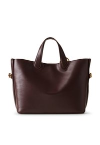 Braune Leder-Tote mit glatter Textur, runder Form und zwei kurzen Griffen. Goldfarbene Hardwareakzente an den Seiten.