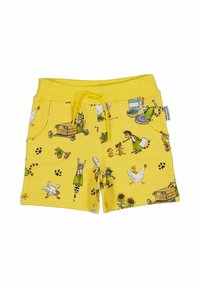 Gelbe Baumwollshorts mit verspielten Tierillustrationen, einem Kordelzugbund und zwei Seitentaschen. Die Muster umfassen Katzen, Hühner und Blumen.