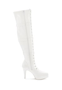 White knee-high boot made of glossy patent material. Features a side zip closure, lace-up front, and a high stiletto heel with a platform sole.