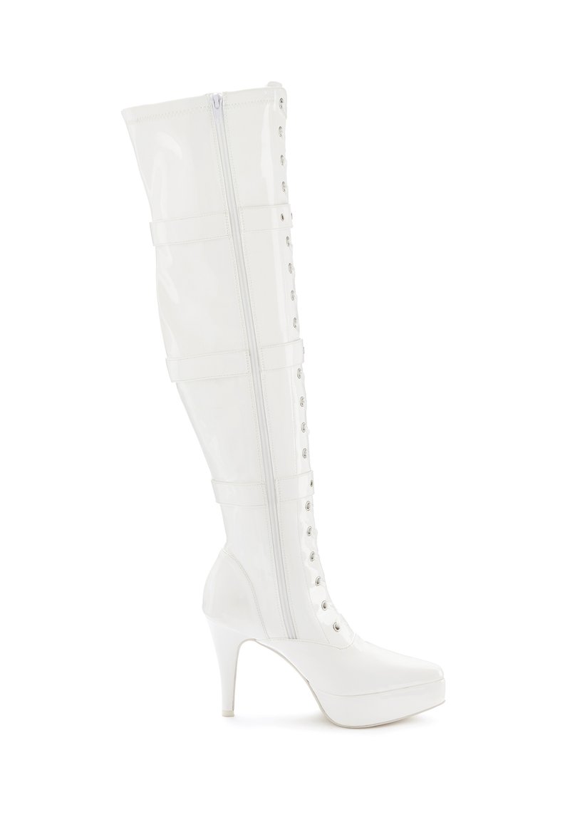 White over-the-knee boots made of glossy patent material, featuring a lace-up front, zipper closure, and a stiletto heel.