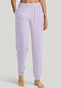 Paarse en witte ruitjes pyjamabroek met een elastische tailleband, zijzakken en taps toelopende boorden bij de enkels. Zacht, lichtgewicht materiaal.